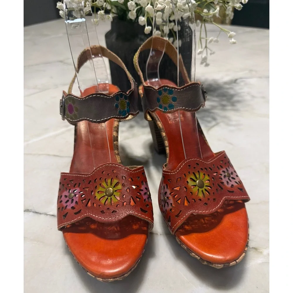 L'Artiste Spring Step Sharyn Leather Sandals Floral Hand Painted Boho Heel 39